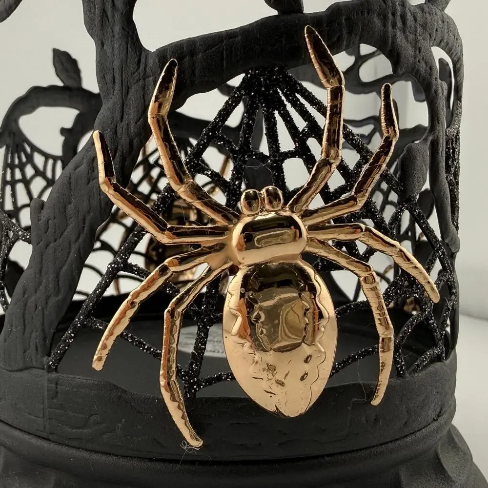 Bath & Body Works Candle Holder Halloween Spiderwebs Black w Gold Spiders 3 Wick - Picture 7 of 7